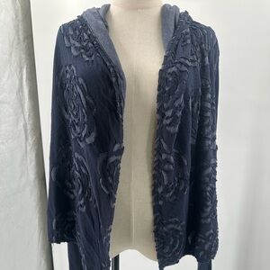 Soup Brand Anthropologie Floral Textured Navy Hooded Open Cardigan Lags look
